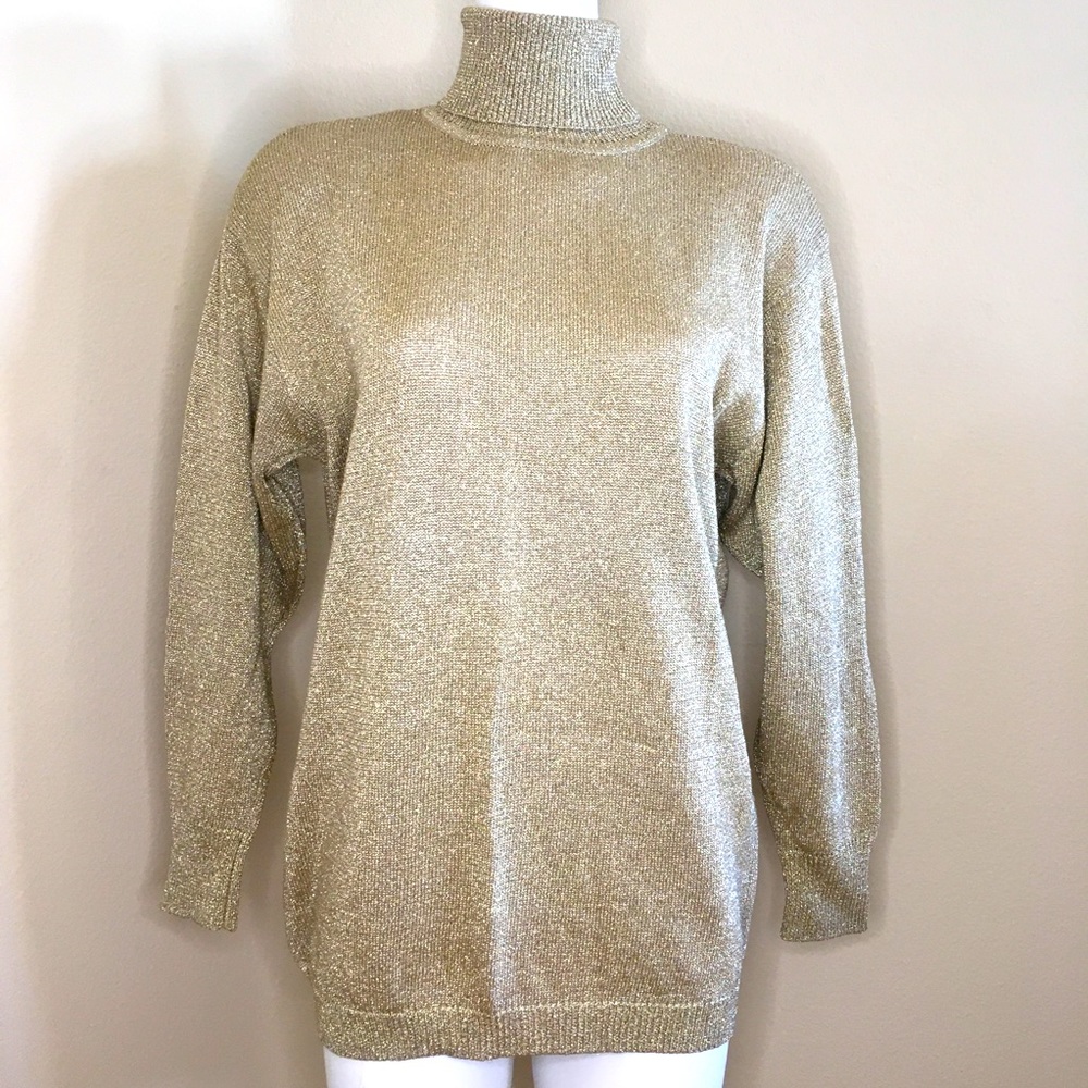 Vintage Suzelle gold lurex Large turtleneck Top Hong Kong for Holidays metallic